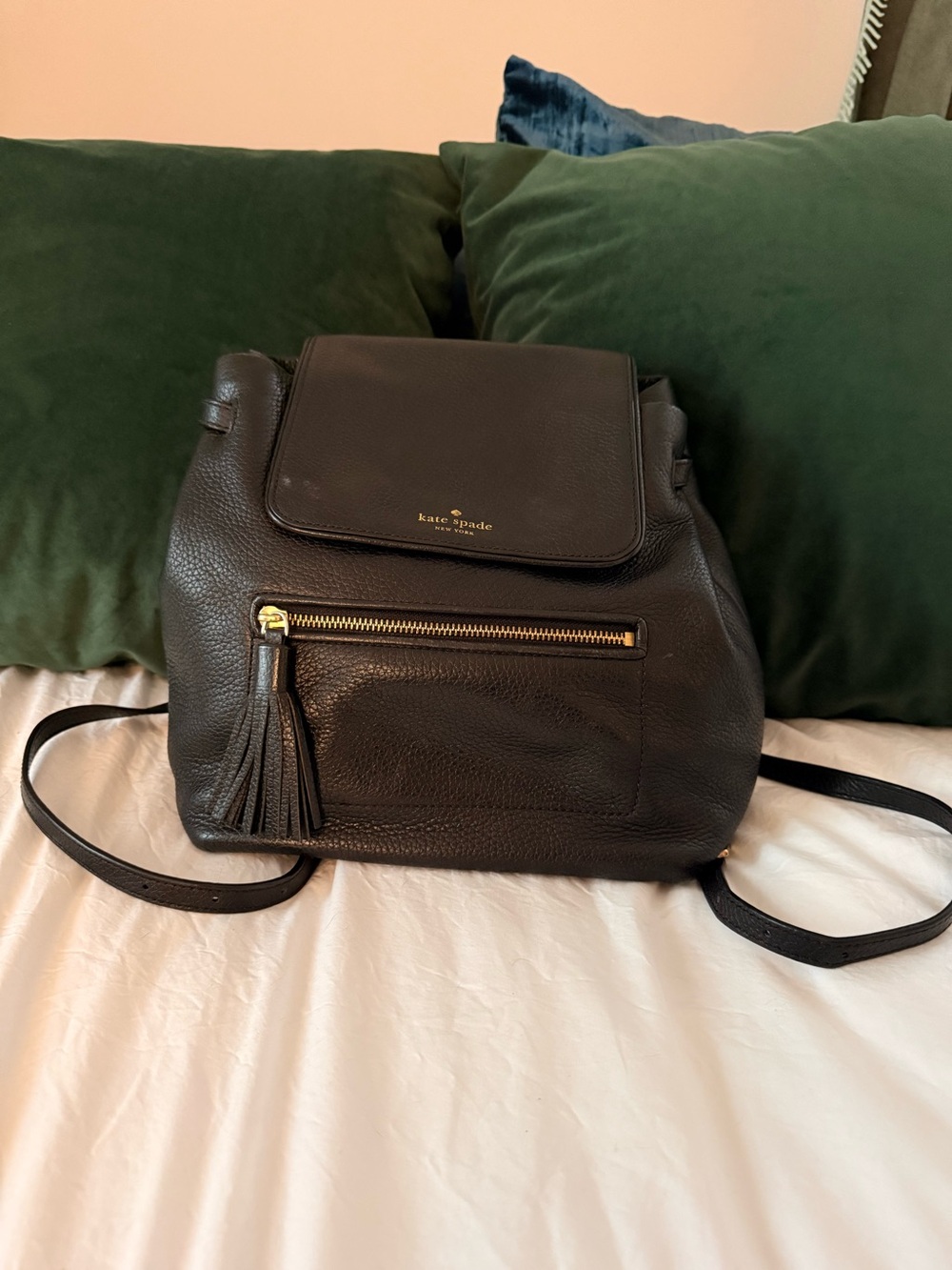 Kate Spade Chester Street Kacy Pebbled Leather Backpack Black & Gold w/ Tassel